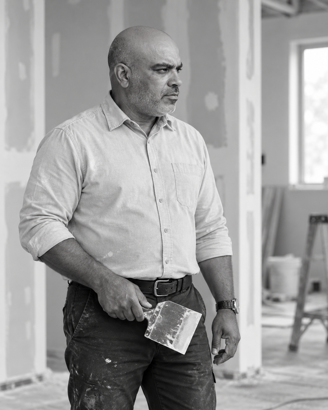 AI-edited photographic portrait of Moises holding a drywall knife at a renovation site